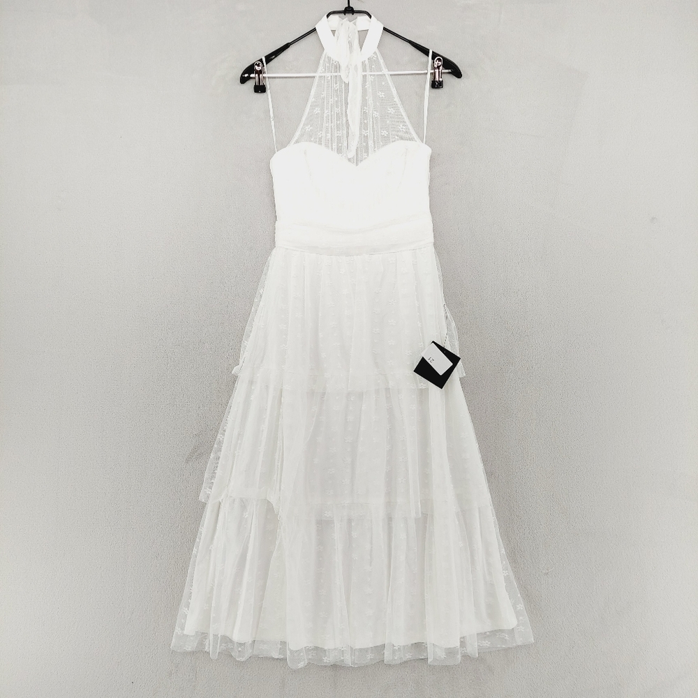 New Lulus Positively Precious White Floral Mesh Tiered Halter Midi Dress P1457 - Picture 2 of 9